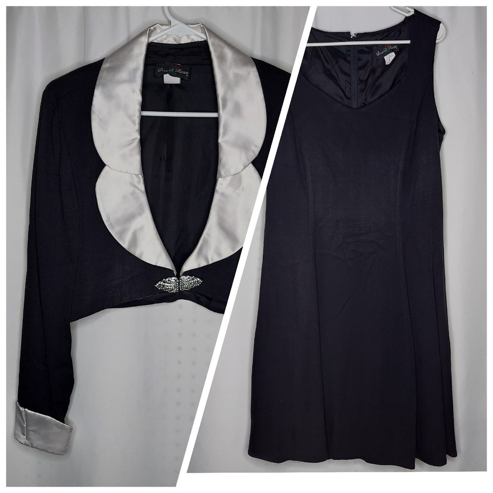 David Rose Vtg Dress Shrug Set 14 Black Crepe V-Neck Satin Collar Jewel Elegant